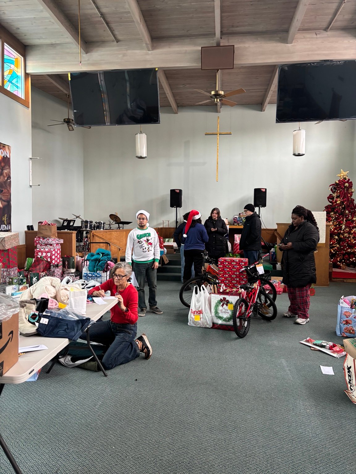 Preparing gifts and supplies in the church space